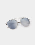 For Art's Sake® T-shirt - Sunglasses feature round, silver stainless steel frames with blue-tinted nylon lenses, a double bridge, and UVA & UVB protection, shown on a white background.