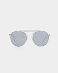Front view of For Art's Sake® T-shirt - Sunglasses featuring thin stainless steel aviator frames and light blue UVA & UVB-protected lenses, set against a plain white background.