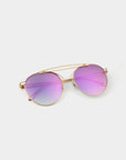 For Art’s Sake® T-shirt - Sunglasses: gold-framed round shades with a double bridge, stainless steel frames, and UVA/UVB-protected gradient purple to blue nylon lenses—shown on a light background.