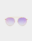 For Art's Sake® T-shirt - Sunglasses: Gold-rimmed aviator design with double bridge, gradient purple nylon lenses, stainless steel frames, and full UVA/UVB protection, shown on a plain white background.