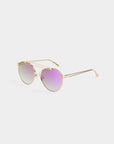 For Art's Sake® T-shirt - Sunglasses: Gold-framed aviators with gradient purple nylon lenses offering UVA & UVB protection, shown on a white background.