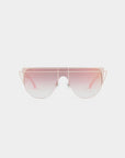Introducing the For Art's Sake® Alien oversized sunglasses, featuring gold-plated frames and gradient pink-tinted lenses. These chic shades showcase a contemporary design with double bridge detail, subtle nose pads for added comfort, and full UV protection. The white background enhances the stunning aesthetic of these eye-catching sunglasses.