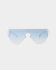 The Alien sunglasses by For Art's Sake® feature an avant-garde and modern design. The gradient blue lenses transition from a darker shade at the top to a lighter blue at the bottom, while the stylish white frame boasts a sleek double-bridge and angular side details, ensuring both style and complete UV protection.