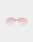 Introducing the Dark Eyes by For Art's Sake®: a pair of stylish aviator sunglasses featuring stainless steel frames and gradient pink nylon lenses that offer 100% UV protection. The double bridge design and thin metal temples add a modern touch to the classic aviator shape, set against a plain white background.