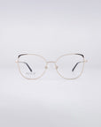 A pair of contemporary Ada frames from For Art's Sake® with a stainless steel core is positioned on a simple white background. The round, metallic eyeglasses are equipped with transparent blue light filter lenses, complemented by dark temples and adorned with a discreet brand logo on the lens.