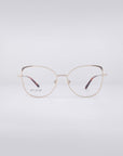 A pair of For Art's Sake® Ada eyeglasses, showcasing gold rims and clear lenses with a stainless steel core, elegantly displayed against a plain white background.
