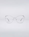 Centered against a plain white background is a pair of Ada frames from For Art's Sake®, featuring sleek silver rims and clear lenses. With their modern, minimalist design and stainless steel core, these eyeglasses include subtle branding on the left lens and offer an option for blue light filter lenses.