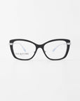Amour by For Art's Sake®: Black cat-eye frames with clear lenses and adjustable nose pads, shown on a white background. "For Art’s Sake London" is printed inside the left lens.