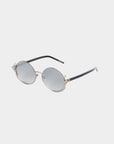 For Art's Sake® Ariel sunglasses feature round, silver rims, reflective lenses, and black temple arms for a bold, modern style—displayed against a plain white background.