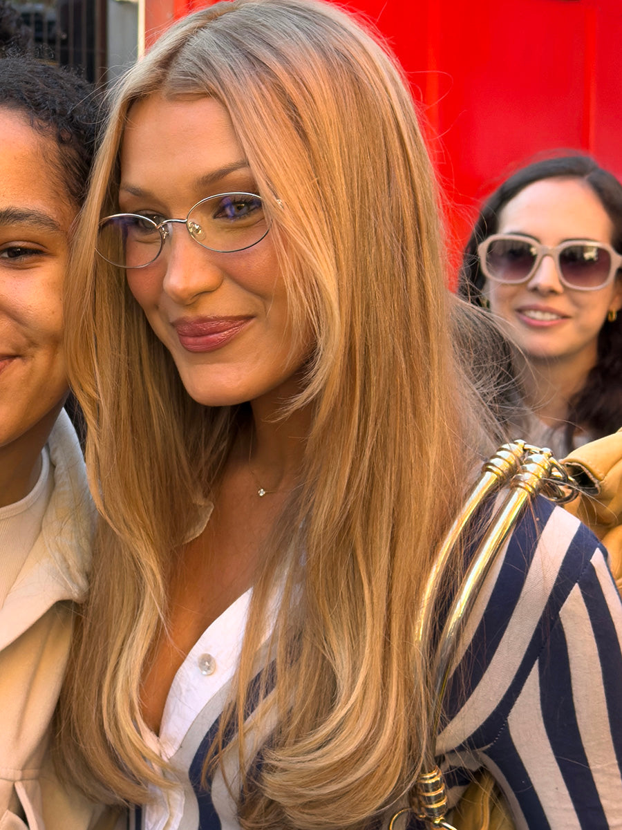 Bella Hadid wearing designer For Art’s Sake Thorn glasses at Orebella London pop-up
