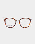 A pair of round tortoiseshell eyeglasses named "Club" by For Art's Sake®, featuring clear lenses and metal nose pads, displayed against a white background. The text "FOR ART'S SAKE" is visible on one of the lenses, showcasing both style and blue light filter for added comfort.