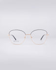 Gold-rimmed, round blue light filter glasses named "Coco" by For Art's Sake®, featuring thin stainless steel frames and clear lenses, displayed on a light gray background. The brand name appears on the left lens.
