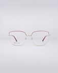 A pair of Dora eyeglasses from For Art's Sake® showcases a sleek design with thin metal frames and a robust stainless steel core. The muted red top half beautifully contrasts with the gold-tone bottom, creating a refined look. These fashionable glasses are fitted with blue light filter lenses that remain clear for any occasion. Set against a simple light gray backdrop, they exude elegance.