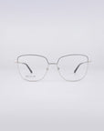 A pair of For Art's Sake® Dora frames, crafted with a thin metal structure and rectangular lenses, is beautifully presented against a simple white backdrop. The sleek design features the "Art Club" text on the left lens, while blue light filter lenses offer a contemporary flair to these stylish eyeglasses.