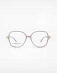 A pair of light grey, oversized eyeglasses with clear lenses set against a white background. These minimalistic eyewear pieces from "For Art's Sake®" feature the brand name on the left lens and temples in a darker grey shade. They come equipped with blue light filter technology for added comfort.