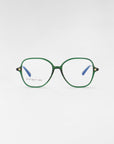 A pair of stylish Dumpling eyeglasses with green frames and square lenses, featuring gold-colored details on the temples. The brand name "For Art's Sake®" is visible in small text on the left lens. These glasses come with a blue light filter for added protection. The background is plain and white.