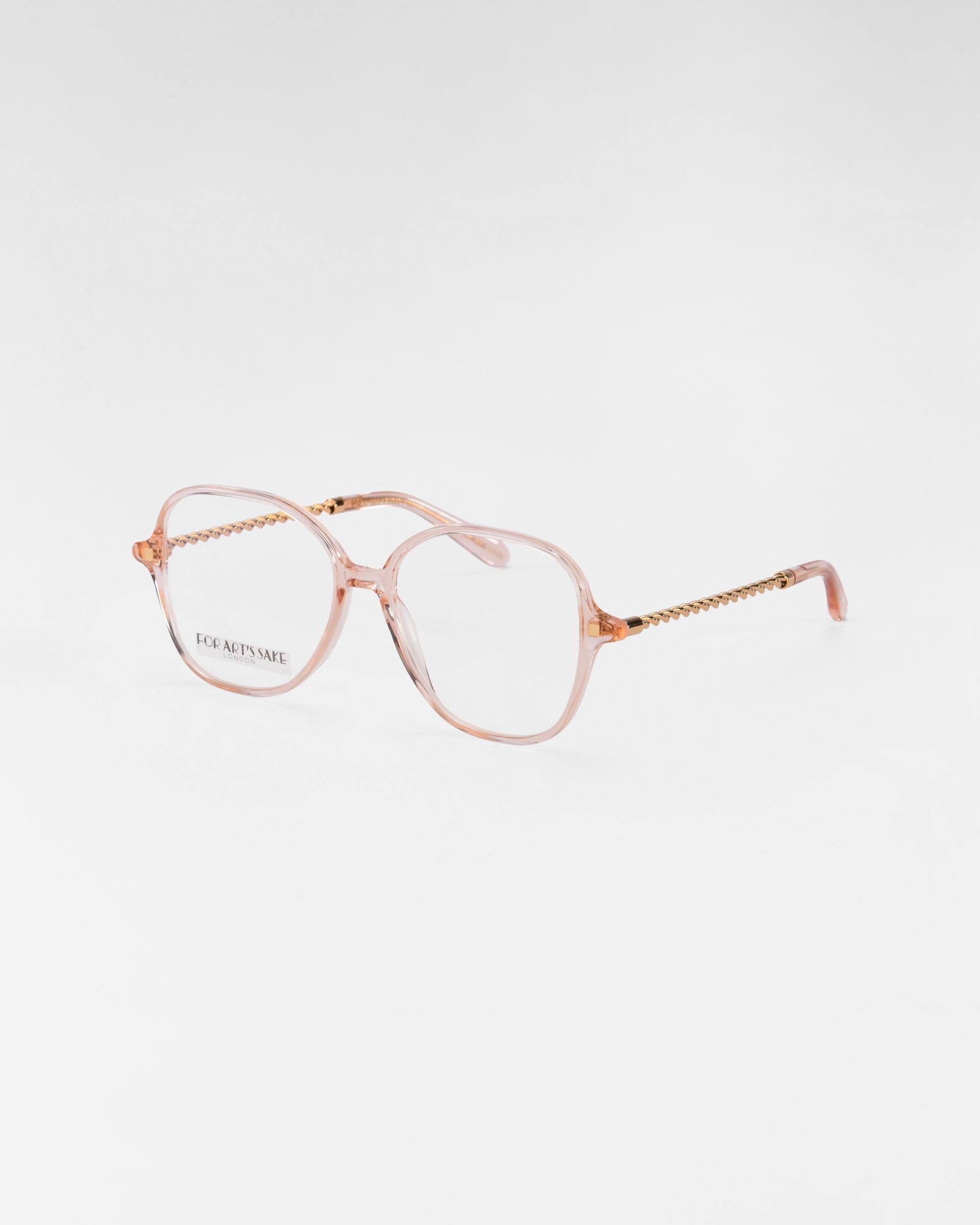 A pair of eyeglasses with translucent pink frames and gold chain-like detail on the temples featuring clear lenses with a subtle blue light filter. The brand name "For Art's Sake®" is visible on the left lens, all set against a plain white background.