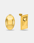 The Geometry Earrings by For Art's Sake®: a modern gold pair featuring an oval stud with a raised square center and a rectangular stud with a raised circular center, displayed on a plain background.