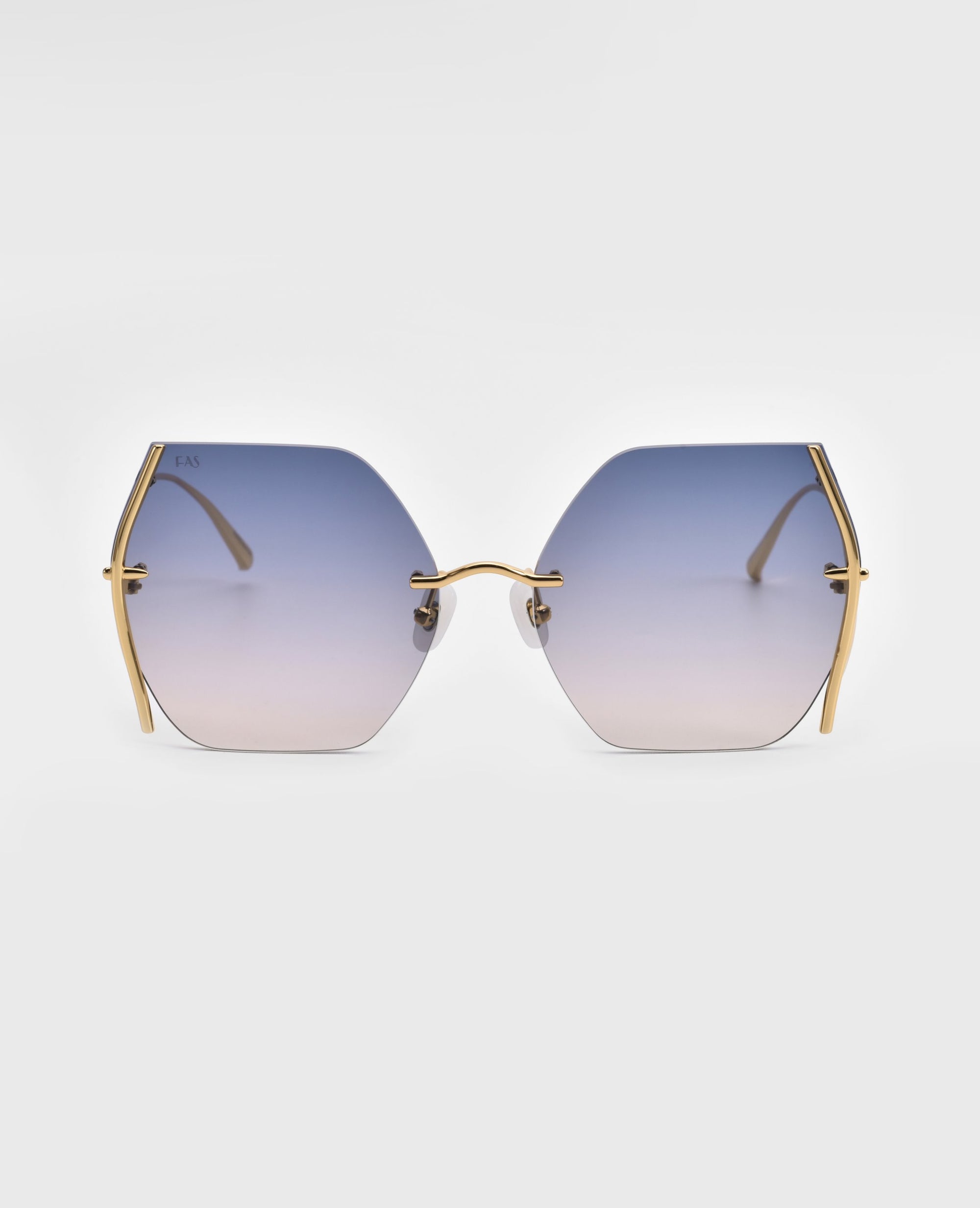 Generation Topaz sunglasses by For Art's Sake® feature hexagonal gold frames and gradient blue-to-clear lenses. ONLY 1 AVAILABLE! A rare find offering UV protection and standout style, displayed on a plain white background.