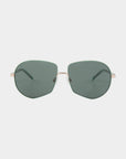 These For Art's Sake® Explorer aviator shades feature dark green tinted lenses and thin, gold metal frames. The sunglasses boast a minimalist design with a double bridge and slender temples, offering both style and UV protection.