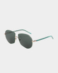 A pair of stylish For Art's Sake® Explorer aviator shades with dark green-tinted lenses and slender metallic green frames. The design features an aviator-style shape with thin temples and a sleek, modern look, ensuring both fashion and UV protection. The background is plain white.