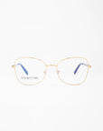 Introducing Grace, a pair of stylish eyeglasses with gold metal frames and clear lenses. The blue temples are crafted from plant-based acetate, and the brand name "For Art's Sake®" is elegantly displayed on the left lens. Set against a white background, these eyeglasses exude a minimalistic and modern aesthetic.