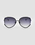 For Art's Sake® Wonderland oversized black aviator sunglasses with jadestone nose pads and dark gradient lenses, offering 100% UV protection, displayed face forward on a plain light gray background.