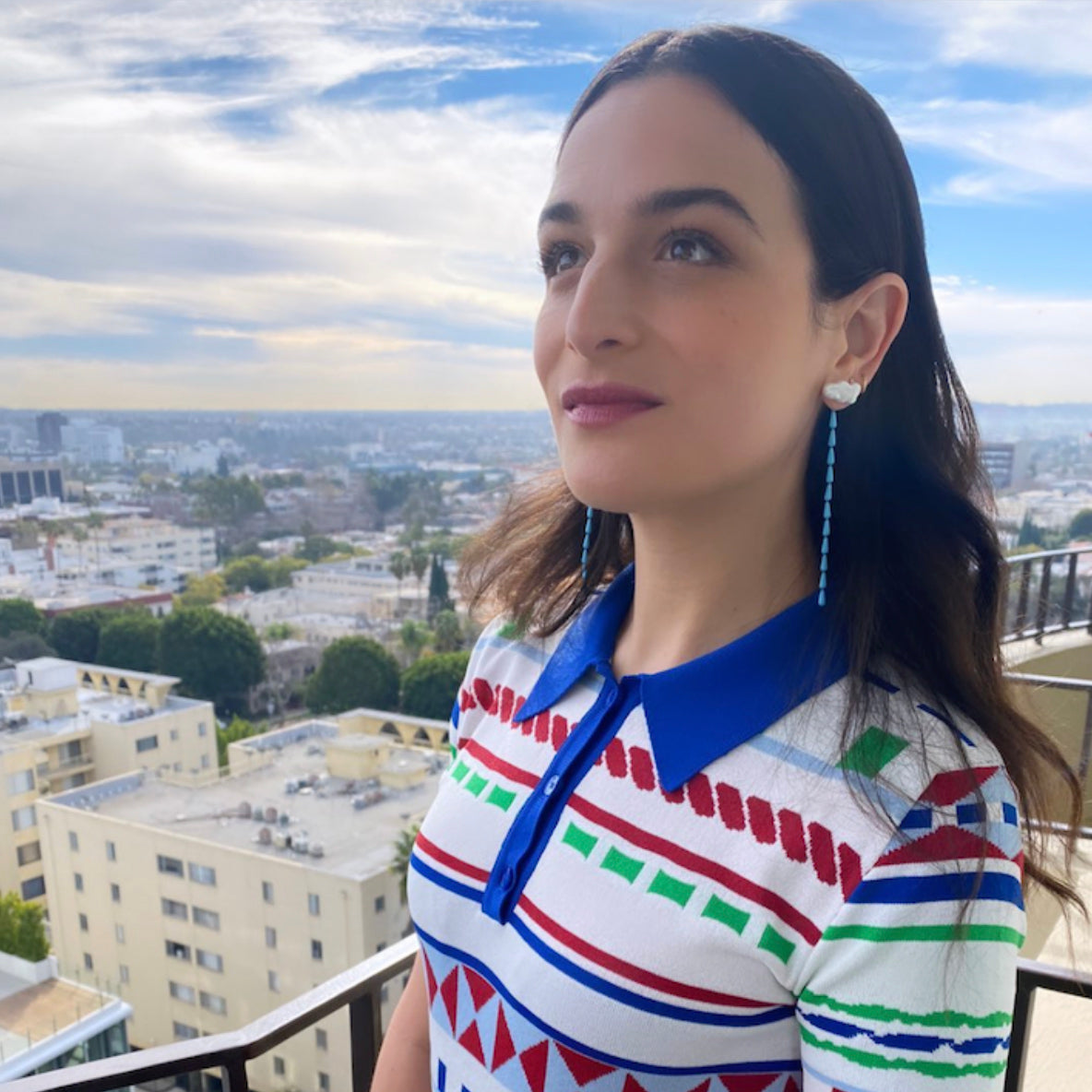 Actress Jenny Slate wearing designer For Art's Sake earrings.
