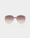 Introducing "Spacie" by For Art's Sake®: a pair of stylish sunglasses featuring thin metal frames with handmade 18-karat gold plating. These shades boast gradient lenses that transition from dark at the top to lighter at the bottom, and their modern, slightly oversized square shape is complemented by luxurious jadestone nosepads. Now on sale!
