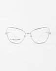 The Lady-S glasses from For Art's Sake® feature a minimalist yet elegant silver-rimmed cat-eye design with clear lenses, part of an exclusive collection. The brand name is printed on the left lens, and a plain white background enhances their charm.