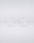 A pair of thin, metal-framed Millie glasses from For Art's Sake® featuring clear lenses and a stainless steel core stands elegantly against a plain white background.
