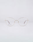 A pair of round Millie frames from For Art's Sake®, featuring thin stainless steel cores and clear lenses, set against a plain white background. The subtle "For Art's Sake" branding adds a touch of charm to these elegant eyeglasses.