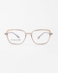 A pair of stylish eyeglasses with prescription lenses and a beige frame. The temples feature an elegant 18-karat gold-plated accent near the front. The brand name "For Art's Sake®" is visible on the left lens. The background is plain white.
Product Name: Mimosa