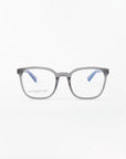 A pair of rectangular eyeglasses with transparent gray frames and light blue temple tips, placed on a white background. Made from plant-based acetate, the product name "Molten" and brand name "For Art's Sake®" are printed on the left lens.