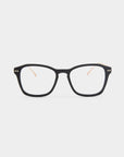 Black rectangular eyeglasses, named "Morris" by For Art's Sake®, with a glossy finish are shown against a plain white background. The glasses feature subtle metallic details on the upper corners of the stainless steel frames and thin, light-colored temple arms.