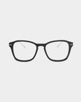A pair of black-rimmed For Art's Sake® Morris eyeglasses with clear lenses viewed from the front. The classic, rectangular shape features two small metallic accents on each side of the front frame, offering a sleek design. These glasses are crafted with durable stainless steel frames. The background is plain white.