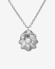 The Shell Pendant by For Art's Sake® is a stunning coastal necklace featuring a silver open oyster shell with a white pearl centerpiece, displayed on a simple chain against a white background.