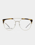 A pair of aviator-style prescription glasses with a thin metal frame and brow bar. The top of the frame features a tortoiseshell pattern. The text "For Art's Sake®" is visible on the left lens. Built-in blue light filter for added protection, these Frosty eyeglasses ensure both style and eye safety against digital screens.