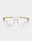 A pair of For Art's Sake® "Frosty" prescription glasses with a thin, gold metal frame and tortoise shell-patterned accents on the top part of the rims. The lenses are clear, with the left lens displaying "FOR ART'S SAKE." These chic glasses are also equipped with blue light filter technology. The background is plain white.