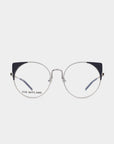 A pair of round, silver-framed Brisky eyeglasses with dark blue accents on the upper corners of the lenses. The left lens has the text "For Art's Sake®" on it. These stylish glasses also feature a blue light filter for added eye protection. The background is plain white.