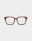 A pair of Florence eyeglasses featuring square brown frames with a subtle tortoiseshell pattern, crafted from plant-based acetate. The arms are accented with gold and display an 'F' logo near the hinges, while the inner sides of the lenses feature the brand name For Art's Sake®. The background is white.