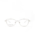 A pair of thin, silver stainless steel For Art’s Sake® Twist eyeglasses with clear lenses and a subtle cat-eye shape, set against a plain white background. "FOR ART'S SAKE" appears in small print on the left lens.