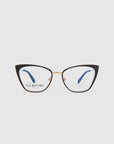 A pair of For Art's Sake® Stella Two stylish cat-eye glasses with black and 14kt gold-plated frames. The temples have a sleek design with blue ear tips. The lenses are clear and equipped with Blue Light Filter, and the words "FOR ART'S SAKE" are printed on the left lens. The background is plain white.