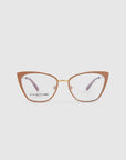 A pair of stylish eyeglasses with cat-eye frames. The frames are primarily brown with thin, 14kt gold plated detailing around the lenses. The temples have a matching purple color. The left lens features the product name "Stella Two" and the brand name "For Art's Sake®" in black text.
