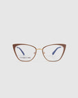 Stella Two cat-eye glasses by For Art's Sake® feature brown frames, a gold bridge, blue temples, and clear lenses. The brand name elegantly adorns the left lens of these chic optic style glasses set against a plain white background.