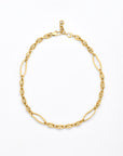 A For Art's Sake® Portrait Necklace Gold with an alternating pattern of small and elongated oval links. The design is intricate, with each link contributing to an elegant and sophisticated appearance. This portrait necklace features a clasp at the top center, set against a plain white background.