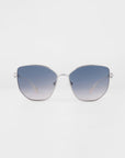 For Art's Sake® Pose Champagne sunglasses feature large square silver metal frames, adjustable nosepads, and blue gradient lenses with 100% UV protection, shown on a plain white background.