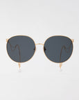 The For Art's Sake® Birthday Cake-Blue sunglasses feature round lenses, thin gold metal frames, and curved temples adorned with faux pearl earring-inspired details at the tips. Set against a plain white background.