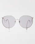 For Art's Sake® Birthday Cake-Blue sunglasses feature round silver metal frames, gray-tinted lenses, and faux pearl accents at the temple tips, inspired by unique earring designs, shown on a plain white background.