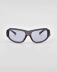 A pair of dark, rectangular For Art's Sake® Raven sunglasses with subtly curved frames and tinted lenses displayed on a plain white background.